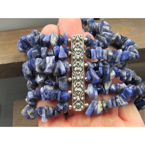 7" Sterling Silver Sodalite Multiple String Stone Expandable Bracelet Vintage - Picture 2 of 8